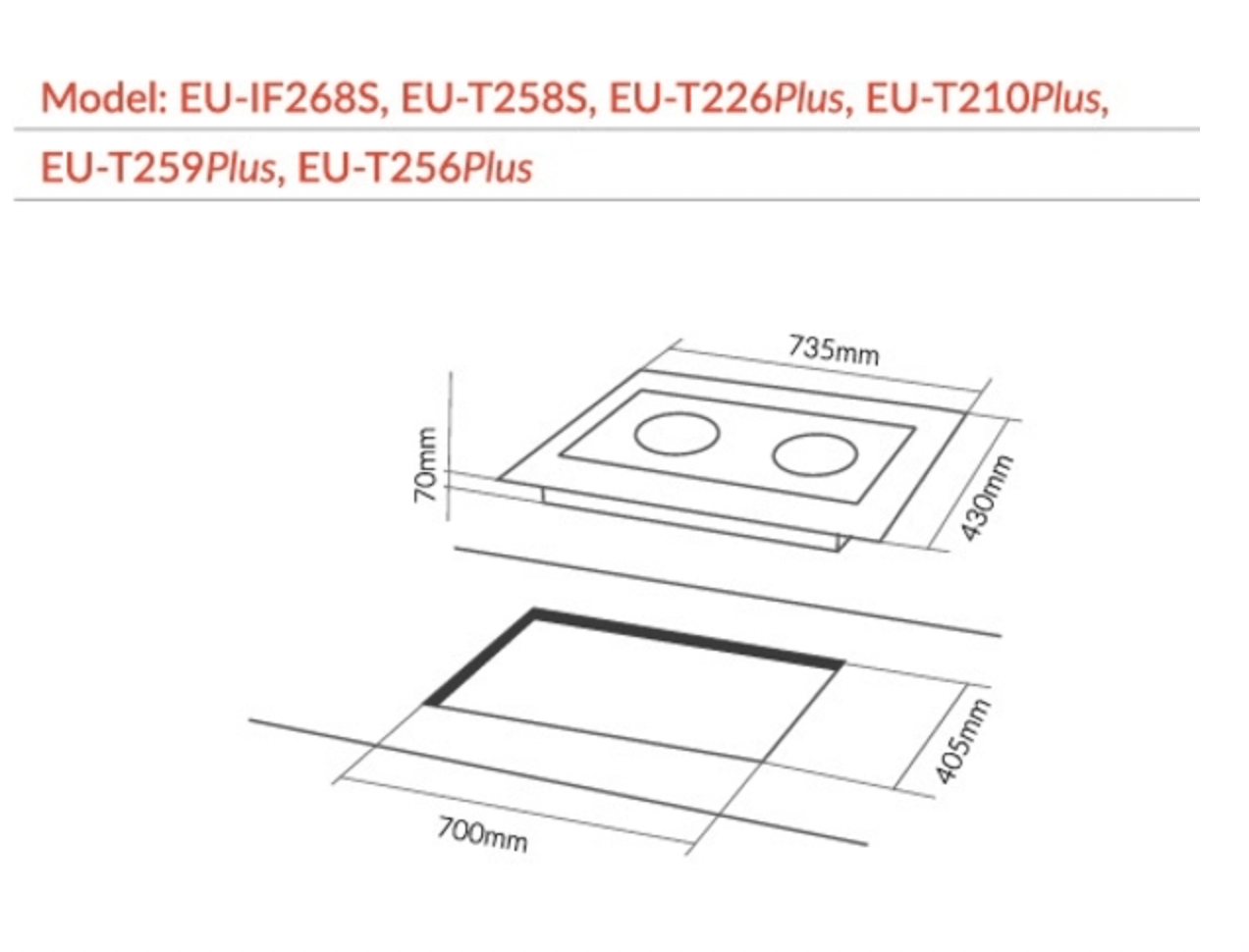 Bảng vẽ kích thước của Bếp Điện Từ Eurosun EU-TE226 Plus