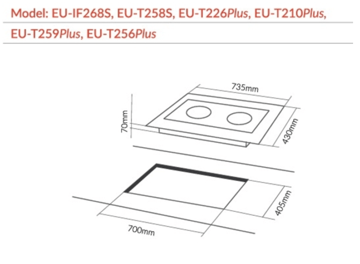 Bảng vẽ kích thước Bếp Điện Từ Eurosun EU-TE259 Plus
