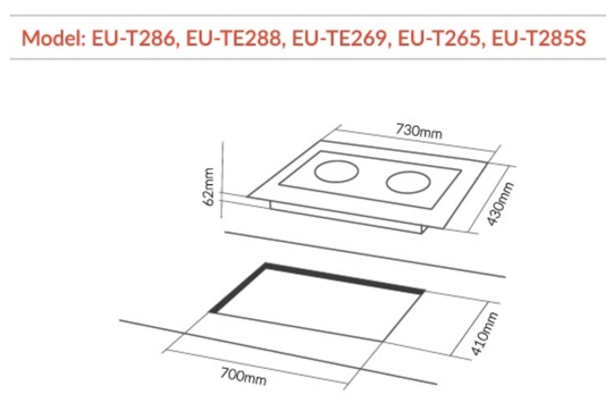 Bảng vẽ kích thước của Bếp Điện Từ Eurosun EU-TE288