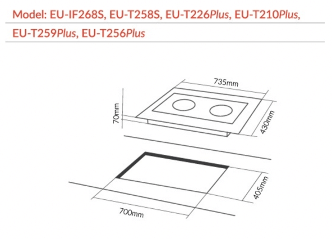 Bảng vẽ kích thước của Bếp Từ Eurosun EU-T256 PLUS
