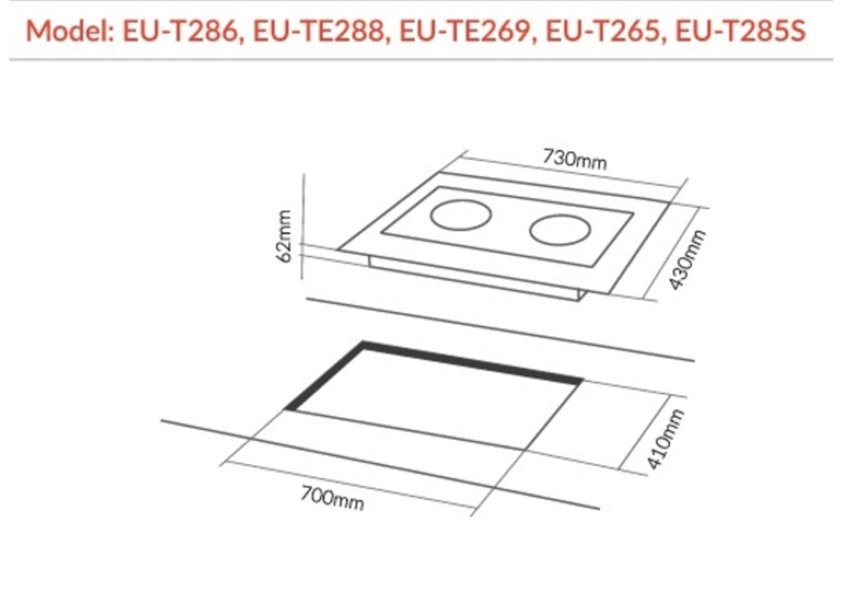 Bảng vẽ kích thước Bếp Từ Eurosun EU-T286