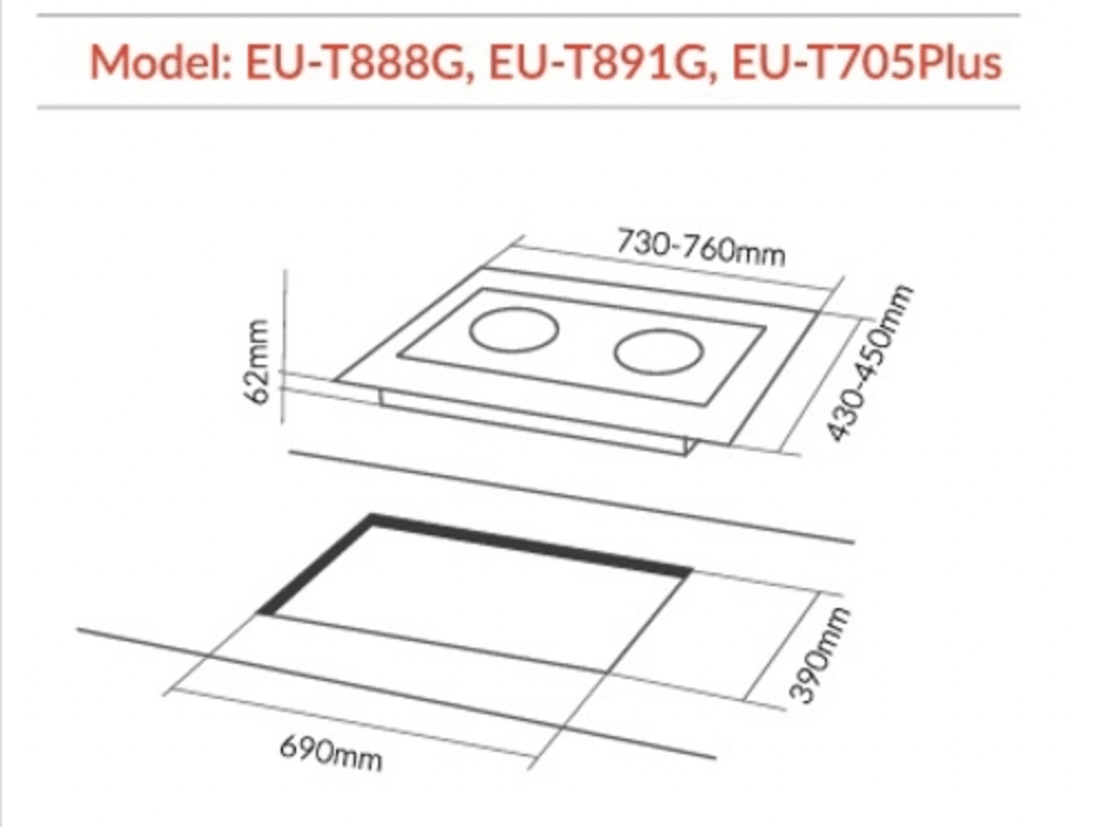 Bảng vẽ kích thước của Bếp Từ Eurosun EU-T888G