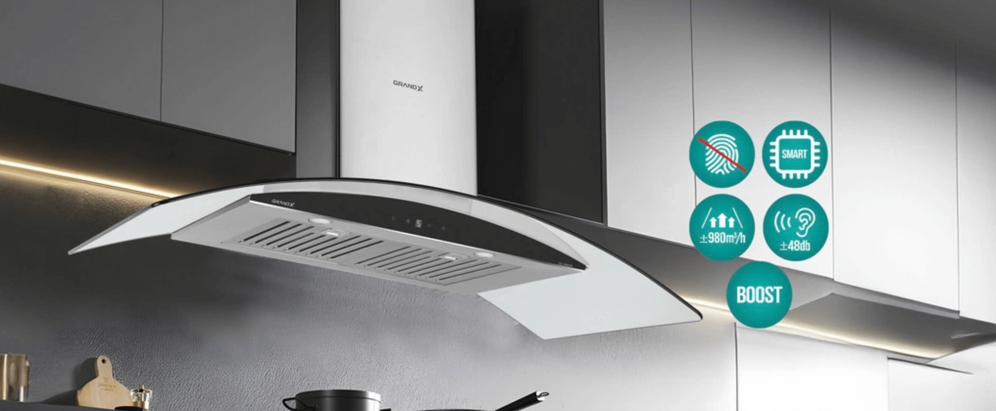 Hút Mùi Kính Cong GRANDX GX H90C55 Vận Hành Đơn Giản, Mạnh Và Hiệu Quả Cao