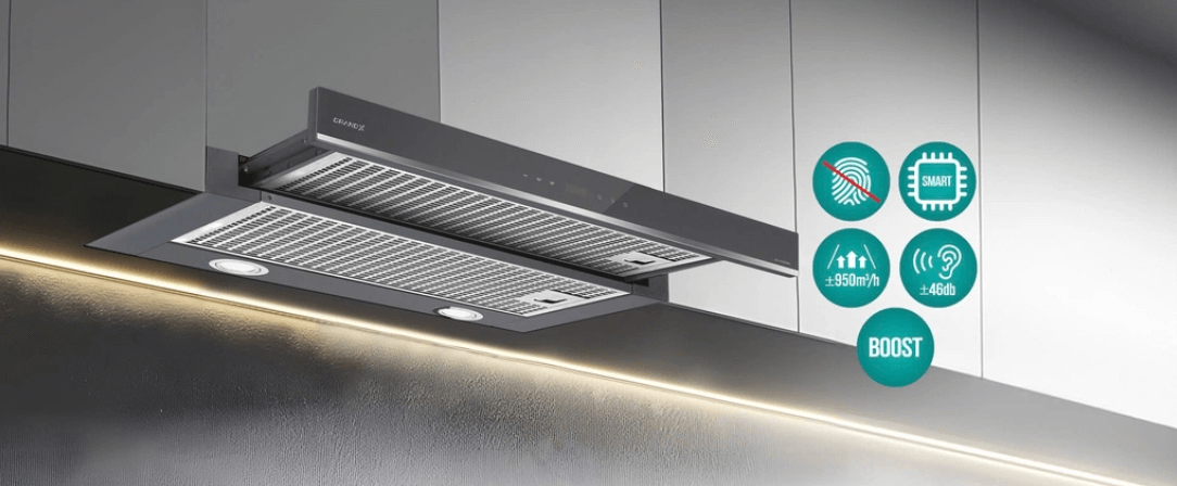 Máy Hút Mùi Âm Tủ GRANDX GX H70F58G Thiết Kế Âm Tủ Kính Đen Sang Trọng