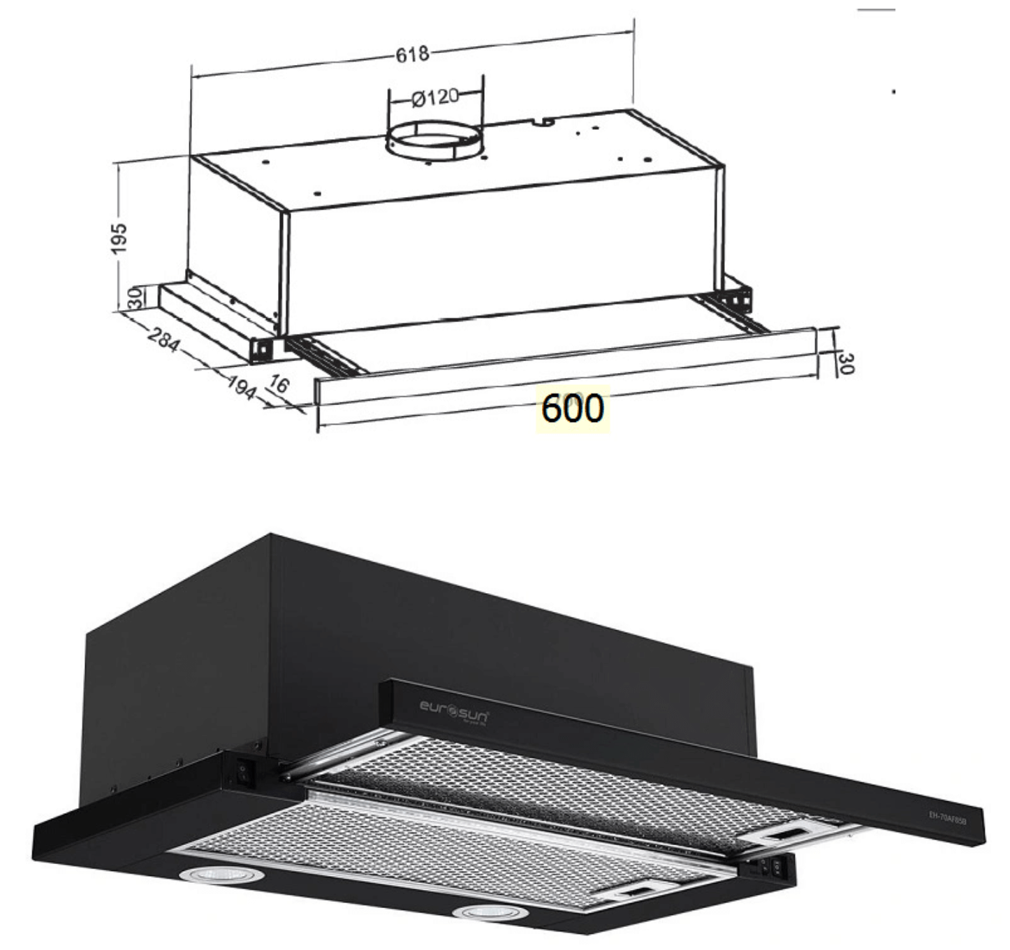 Bảng Vẽ Kích Thước Máy Hút Mùi Âm Tủ Eurosun EH-60AF85B