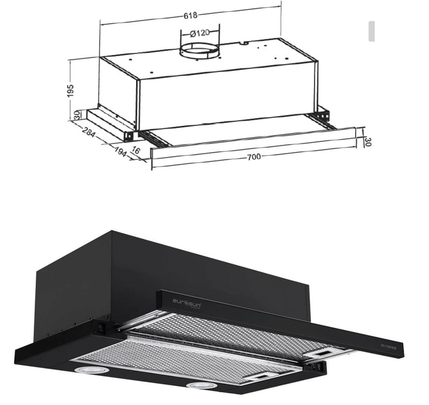 Bảng Vẽ Kích Thước Máy Hút Mùi Âm Tủ Eurosun EH-70AF85B