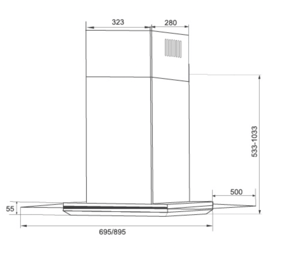 Bảng Vẽ Kích Thước Máy Hút Mùi Eurosun EH-70AF87 