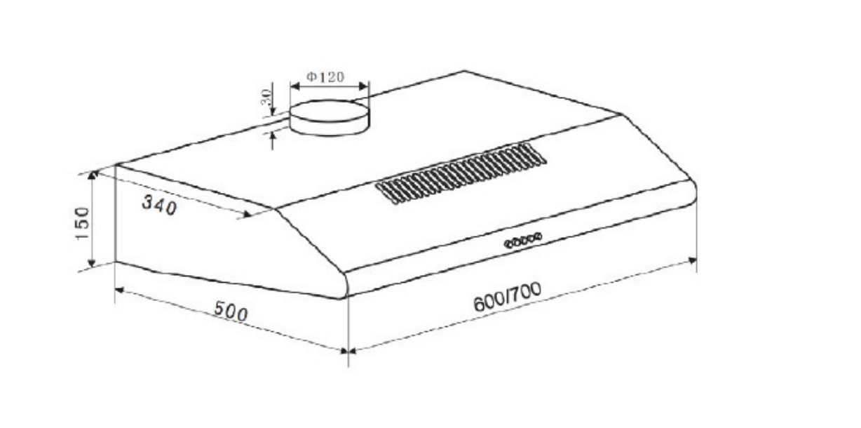 Bảng Vẽ Kích Thước Máy Hút Mùi Eurosun EH-70CF19B 