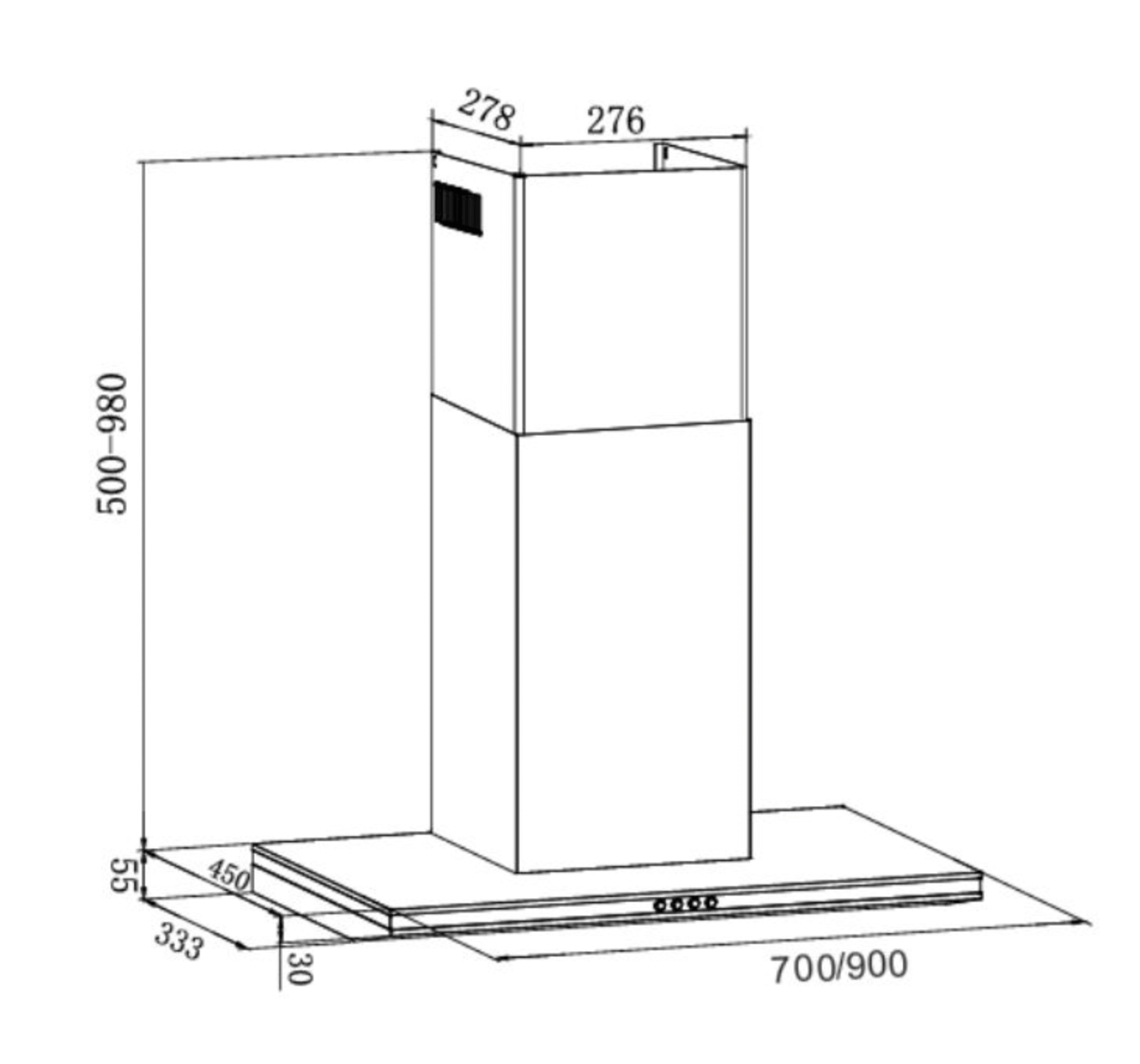 Bảng Vẽ Kích Thước Máy hút mùi Eurosun EH-90AF75S 