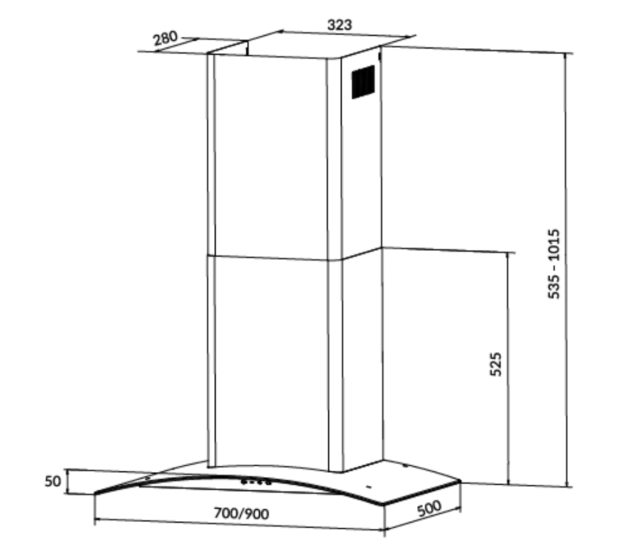 Bảng Vẽ Kích Thước Máy Hút Mùi Eurosun EH-90K26S
