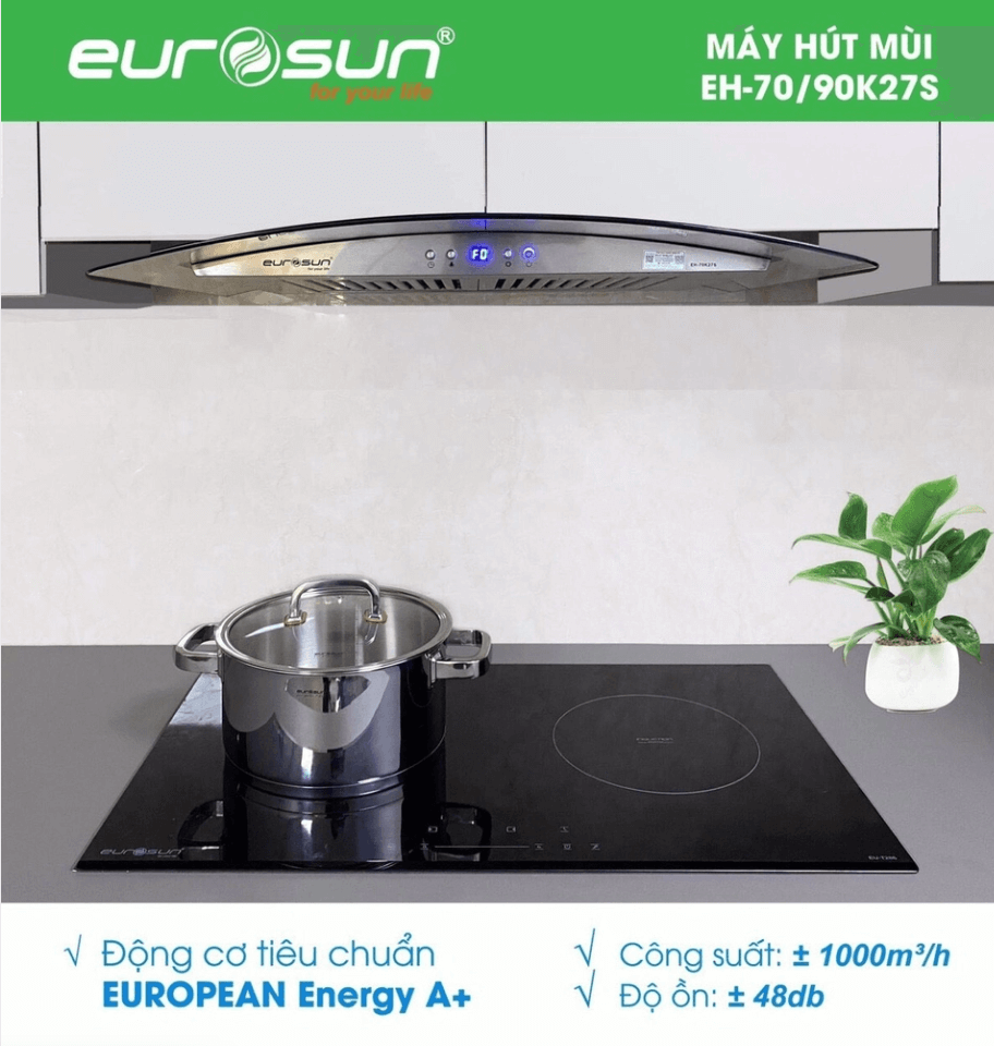 Máy Hút Mùi Eurosun EH-90K27S Hệ Thống Lọc Mỡ Bằng Lưới Nan Inox 304 Chuyên Dụng