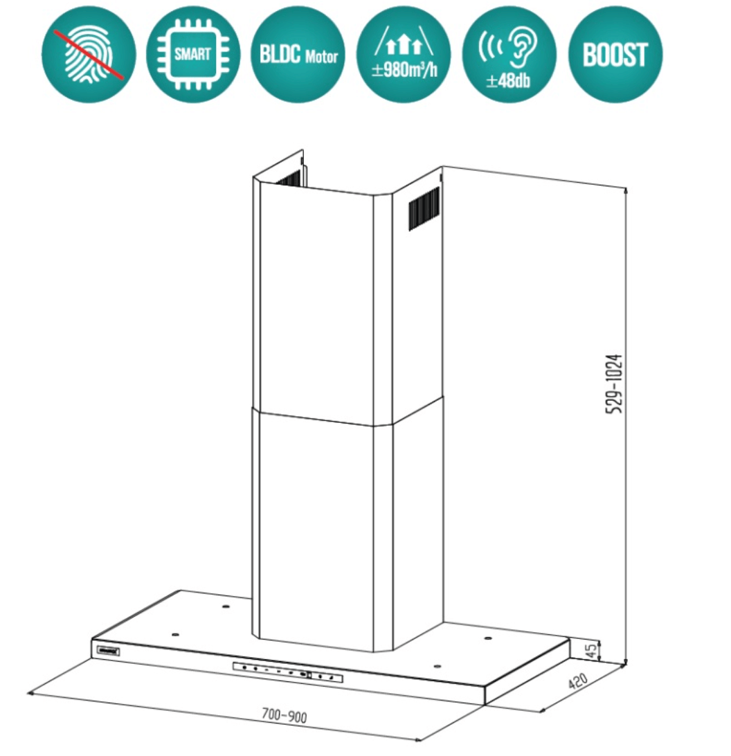 Bảng Vẽ Kích Thước Máy Hút Mùi GRANDX GX H70T65