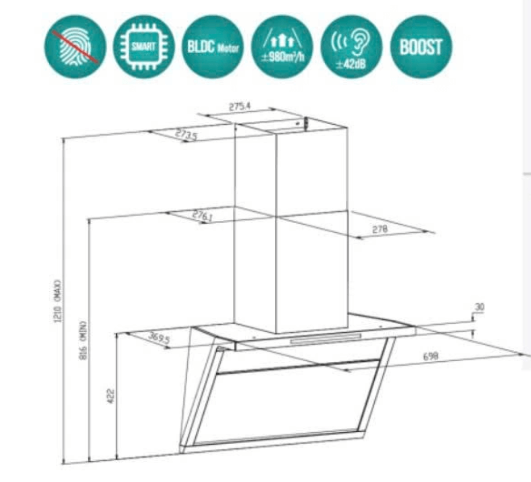 Bảng Vẽ Kích Thước Máy Hút Mùi GRANDX GX H70T88G 