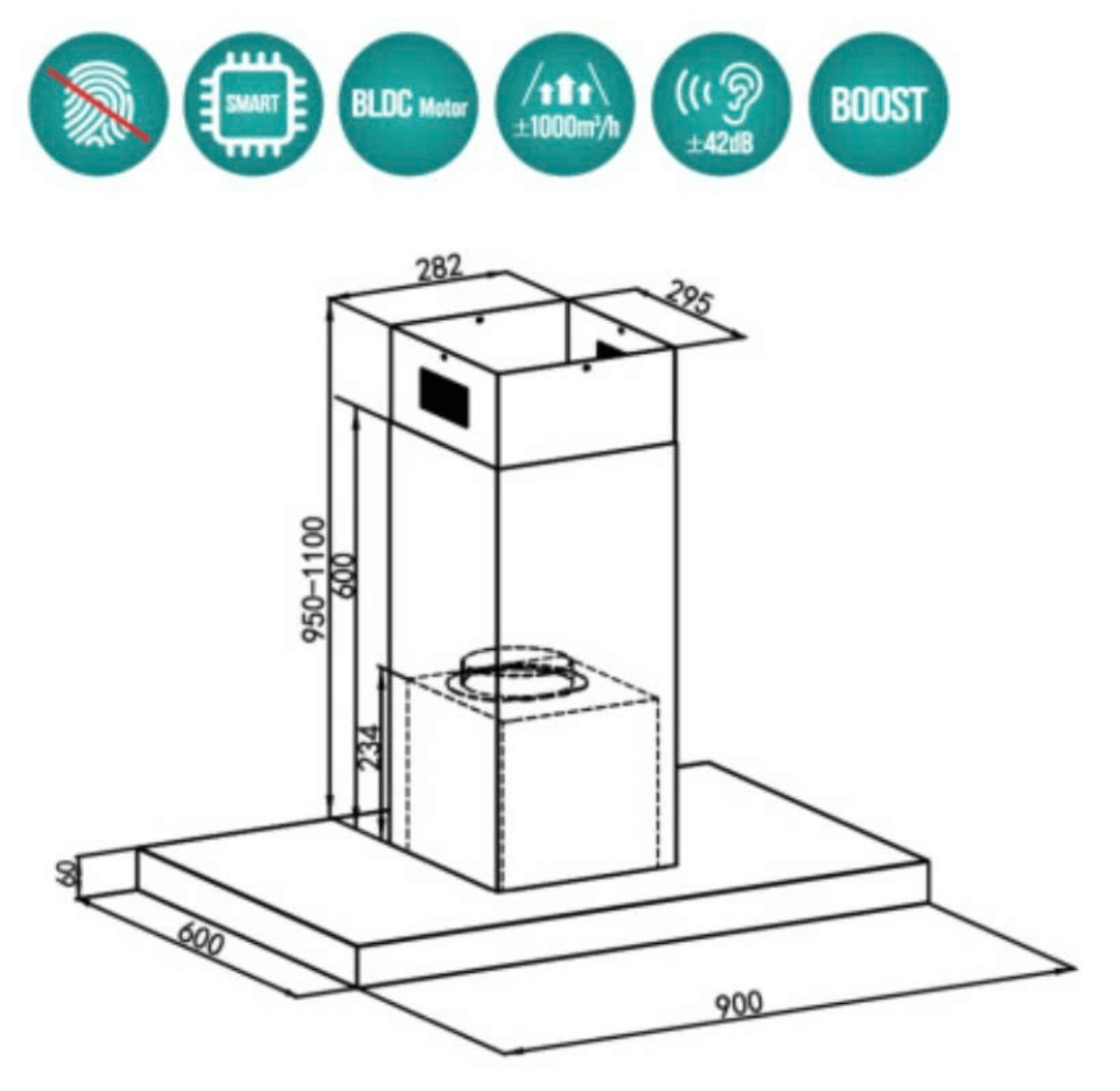 Bảng Vẽ Kích Thước Máy Hút Mùi Treo Đảo GRANDX GX H90IL89