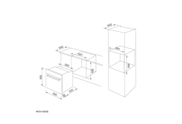 Bảng vẽ kích thước Lò nướng âm tủ Malloca MOV-659S 