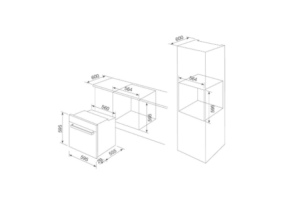 Bảng mô phỏng kích thước Lò nướng âm tủ Malloca MOV-72 PYRO 