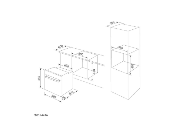 Bảng mô vẽ kích thước của Lò nướng kết hợp vi sóng âm tủ 44L Malloca MW-944TF 