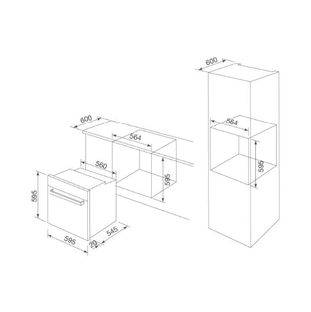 Bảng vẽ kích thước Lò nướng kết hợp vi sóng âm tủ Malloca MOV-72 CB 