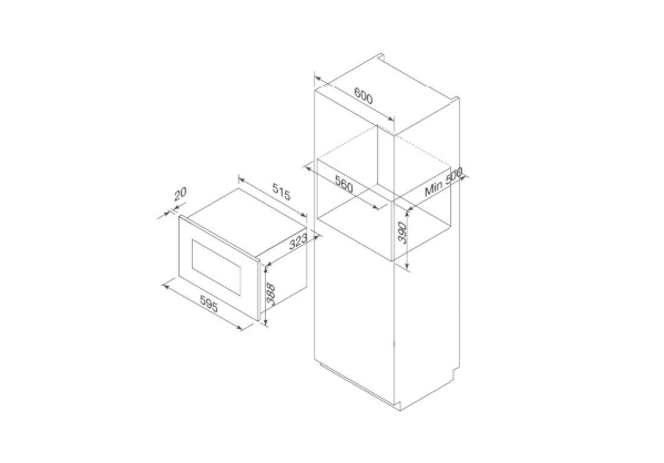 Bảng vẽ kích thước Lò vi sóng âm tủ Malloca MW-820B 
