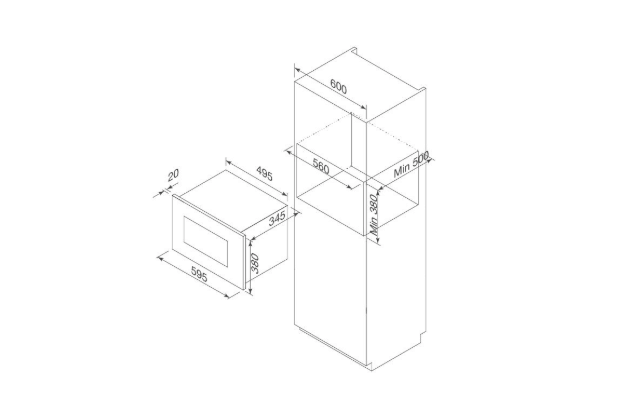 Bảng vẽ kích thước Lò vi sóng âm tủ Malloca MW-925BF