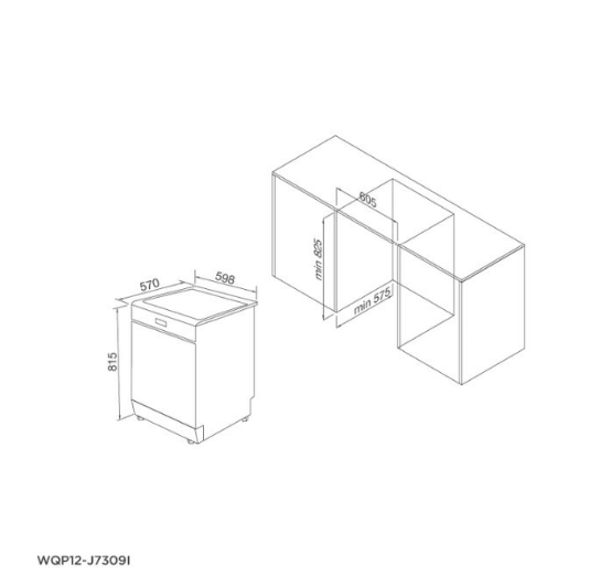 Bảng vẽ kích thước Máy Rửa Bát Âm Tủ Malloca WQP12-J7309I