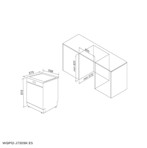 Bảng vẽ kích thước Máy rửa bát âm tủ Malloca WQP12-J7309K E5