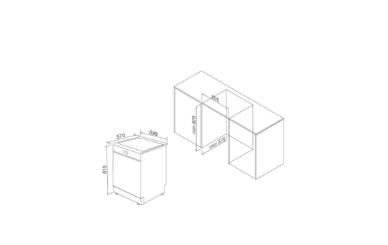 Bảng vẽ mô phỏng kích thước Máy rửa bát độc lập Malloca WQP12-J7227